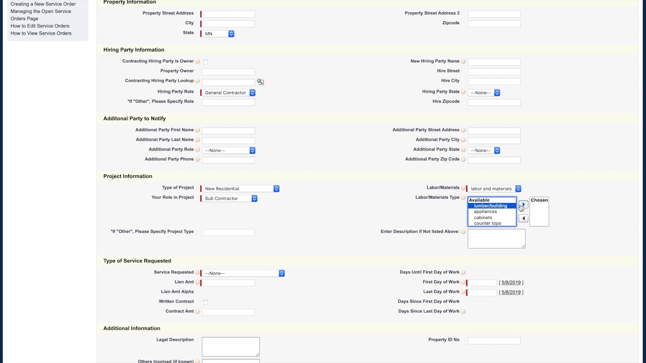 Creating a New Service Order with Construction Lien Management Tool