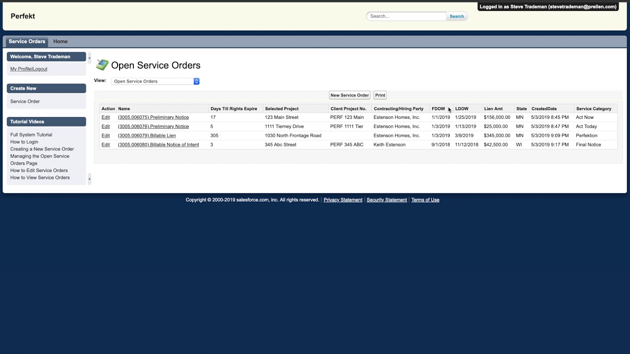 Managing Open Service Orders Page with Lien Management Tool